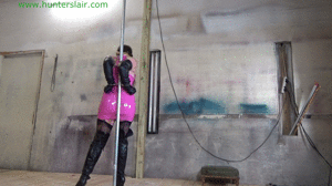 jimhunterslair.com - Cuffed to a pole with her tortured tits cuffed, clamped & stretched in chains thumbnail